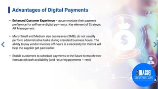 Advantages of Digital Payments
• Enhanced Customer Experience – accommodate their payment
preference for self-serve digital payments. Key element of Strategic
AR Management
• Many Small and Medium size businesses (SMB), do not usually
perform administrative tasks during standard business hours. The
ability to pay vendor invoices off-hours is a necessity for them & will
help the supplier get paid earlier.
• Enable customers to schedule payments in the future to match their
forecasted cash availability (and recurring payments ~ rent)
 