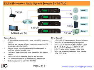Page 3 of 5
Digital IP Network Audio System Solution By T-67120
www.itc-pa.com.cn, info@itc-pa.com.cn
LAN HUB
T-6702
T-6700R with PC
T-67120
Zone-1
T-105
Bill of Material
• 1×T-6700R, IP Network Audio System Software
• 1×T-6702, IP Network Paging Microphone
• 4×T-67120, IP Network Audio Amplifier, 120W
• 32×T-105, Ceiling Speaker, 100V, 5", 6W
• 3×T-775, Wall Mount Speaker, 100V, 30W
• 2×T-710K, Weatherproof Music Horn Speaker
100V, 50W, IP66.
System Feature
• IP addressable network audio 4 zone total 480W streaming
system.
• Distribute and manage different music or program from PC
to each zone simultaneously.
• Remote paging microphone capacity to make speech to
each four selected speaker zone.
• Compact 4 zone solution for small area sound and speech
system.
• T-67120 is built-in streaming decoder and amplifier.
• The system can be built-up over existing LAN network.
• System expansion by add more T-67120.
Zone-2
Zone-3
Zone-4
T-775
T-710K
 