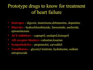 Prototype drugs to know for treatment of heart failure Inotropes   – digoxin, inamrinone,dobutamine, dopamine  Diuretics   - hydrochlorothiazide, furosemide, amiloride, spironolactone ACE inhibitors  – captopril, enalapril,lisinopril AII receptor blockers  -valsartan,losartan Sympatholytics   – propranolol, carvedilol Vasodilators   – glyceryl trinitrate, hydralazine, sodium nitroprusside 