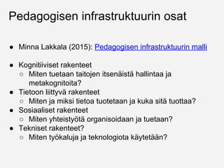 Pedagogisen infrastruktuurin osat
● Minna Lakkala (2015): Pedagogisen infrastruktuurin malli
● Kognitiiviset rakenteet
○ Miten tuetaan taitojen itsenäistä hallintaa ja
metakognitoita?
● Tietoon liittyvä rakenteet
○ Miten ja miksi tietoa tuotetaan ja kuka sitä tuottaa?
● Sosiaaliset rakenteet
○ Miten yhteistyötä organisoidaan ja tuetaan?
● Tekniset rakenteet?
○ Miten työkaluja ja teknologiota käytetään?
 