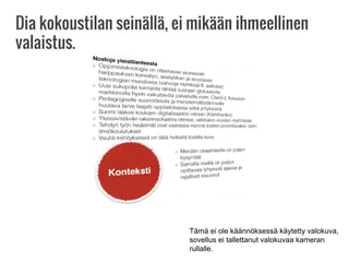 Dia kokoustilan seinällä, ei mikään ihmeellinen
valaistus.
Tämä ei ole käännöksessä käytetty valokuva,
sovellus ei tallettanut valokuvaa kameran
rullalle.
 
