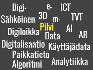ARDigiloikka
TVT
ICT
m-
e-
Sähköinen
Digitalisaatio Käyttäjädata
Data
Algoritmi
AI
Analytiikka
Paikkatieto
Digi-
Pilvi
3D
 