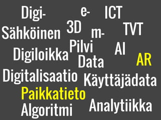 ARDigiloikka
TVT
ICT
m-
e-
Sähköinen
Digitalisaatio Käyttäjädata
Data
Algoritmi
AI
Analytiikka
Paikkatieto
Digi-
Pilvi
3D
 