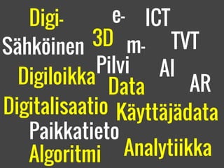 ARDigiloikka
TVT
ICT
m-
e-
Sähköinen
Digitalisaatio Käyttäjädata
Data
Algoritmi
AI
Analytiikka
Paikkatieto
Digi-
Pilvi
3D
 