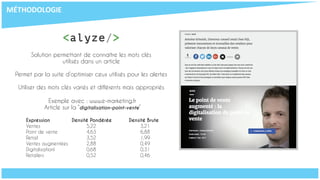 Solution permettant de connaître les mots clés
utilisés dans un article
Permet par la suite d’optimiser ceux utilisés pour les alertes
Utiliser des mots clés variés et différents mais appropriés
Exemple avec : www.e-marketing.fr
Article sur la “digitalisation-point-vente”
Expression Densité Pondérée Densité Brute
Ventes 5,22 3,21
Point de vente 4,63 6,88
Retail 3,52 1,99
Ventes augmentées 2,88 0,49
Digitalisationl 0,68 0,31
Retailers 0,52 0,46
MÉTHODOLOGIE
 