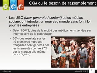 CXM ou le besoin de rassemblement
§  Les UGC (user-generated content) et les médias
sociaux ont introduit un nouveau monde sans foi ni loi
pour les entreprises
§  Selon l’OMS, plus de la moitié des médicaments vendus sur
Internet sont de la contrefaçon
§  30% des résultats sur les
10 premières marques
françaises sont générés par
les internautes contre 27%
par la marque elle-même
(source Digimind)

© Clever Age

octobre 15, 2013

7

 