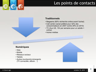 Les points de contacts

Traditionnels
•  Magasins (60% recherche online avant l’achat)
•  Call center (canal préféré pour 32% des
consommateurs en 2007 contre 29% en 2010)
•  TV (Aux US, 13h par semaine pour un adulte =
online)
•  Autres médias

Numériques
•  Web
•  Mobile
•  Réseaux sociaux
•  Tablets
•  Autres touchpoints émergents
(TV connectée, eBook …)

© Clever Age

octobre 15, 2013

8

 