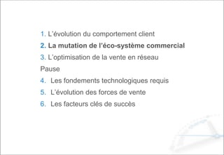1. L’évolution du comportement client
2. La mutation de l’éco-système commercial
3. L’optimisation de la vente en réseau
Pause
4. Les fondements technologiques requis
5. L’évolution des forces de vente
6. Les facteurs clés de succès
 