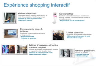 Expérience shopping interactif
Vitrines interactives
Détecter les visiteurs passants devant le point de
vente et leur proposer un contenu dynamique
Générer du trafic en point de vente
Valoriser la marque
Ecrans géants, tables &
tablettes
Promouvoir la marque auprès des clients
et des prospects.
 Démultiplier l’offre
Valoriser de la marque
Cintres connectés
Sociabiliser les produits en point de vente
Générer du trafic en point de vente
Valoriser de la marque
Cabines d’essayages virtuelles,
scanneur corporel
Proposer de nouvelles expériences aux visiteurs
en magasin, les aider dans leur choix
Générer du trafic en point de vente
Valorisation de la marque
Ecrans tactiles
Faciliter la prise d’information dans une démarche
ludique : consulter, comparer ou encore appeler un
conseiller de vente
Augmenter le taux de transformation
Tablettes présentoirs
Valoriser les produits
Valoriser la marque
 Améliorer l’image
 
