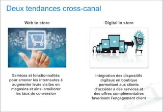 Deux tendances cross-canal
Web to store Digital in store
Services et fonctionnalités
pour amener les internautes à
augment...