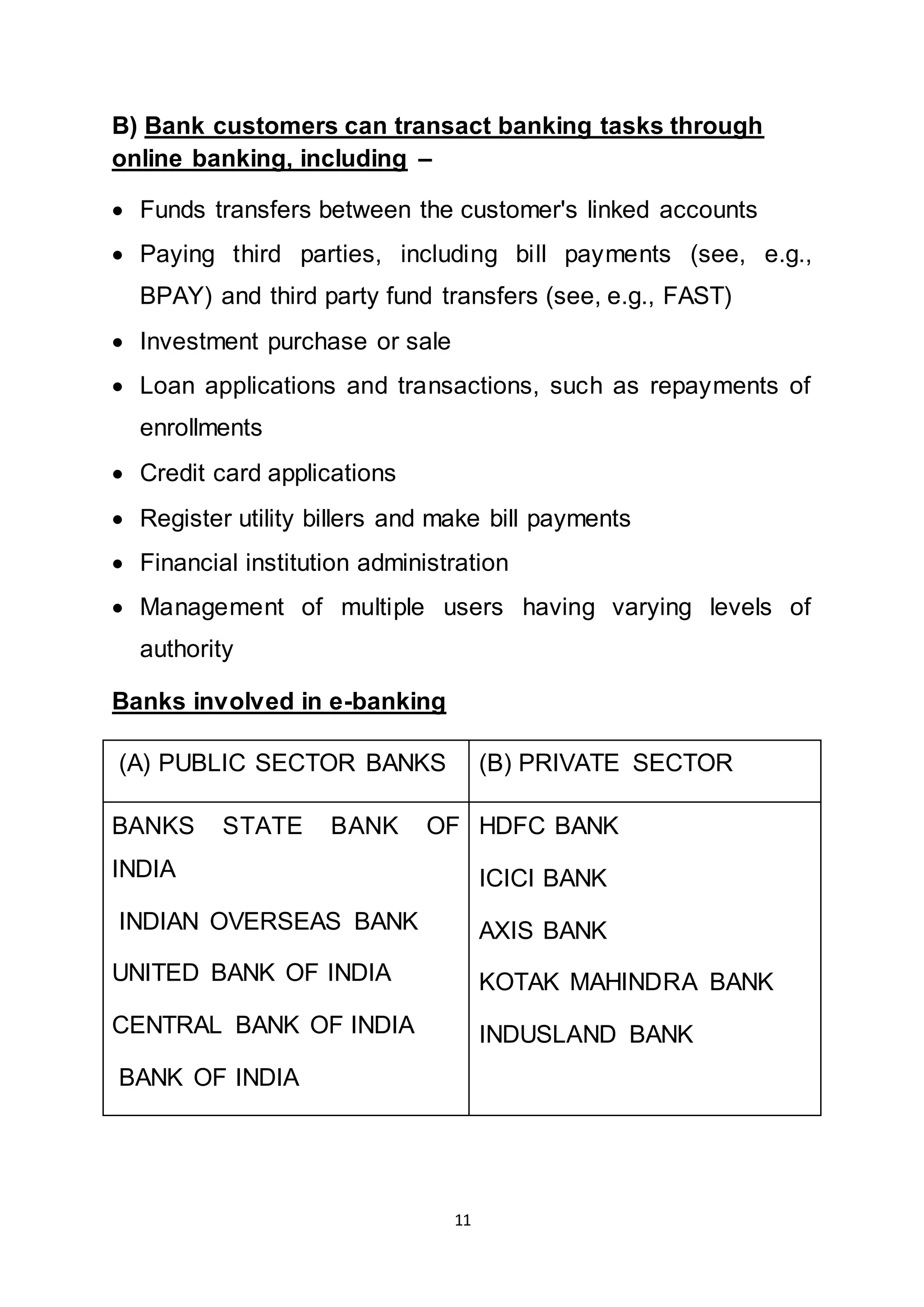 11
B) Bank customers can transact banking tasks through
online banking, including –
 Funds transfers between the customer's linked accounts
 Paying third parties, including bill payments (see, e.g.,
BPAY) and third party fund transfers (see, e.g., FAST)
 Investment purchase or sale
 Loan applications and transactions, such as repayments of
enrollments
 Credit card applications
 Register utility billers and make bill payments
 Financial institution administration
 Management of multiple users having varying levels of
authority
Banks involved in e-banking
(A) PUBLIC SECTOR BANKS (B) PRIVATE SECTOR
BANKS STATE BANK OF
INDIA
INDIAN OVERSEAS BANK
UNITED BANK OF INDIA
CENTRAL BANK OF INDIA
BANK OF INDIA
HDFC BANK
ICICI BANK
AXIS BANK
KOTAK MAHINDRA BANK
INDUSLAND BANK
 
