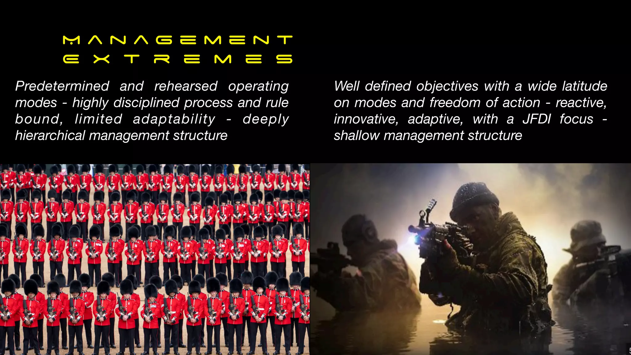 M a n a g e m e n t
E x t r e m e s
Predetermined and rehearsed operating
modes - highly disciplined process and rule
bound, limited adaptability - deeply
hierarchical management structure
Well de
fi
ned objectives with a wide latitude
on modes and freedom of action - reactive,
innovative, adaptive, with a JFDI focus -
shallow management structure
 