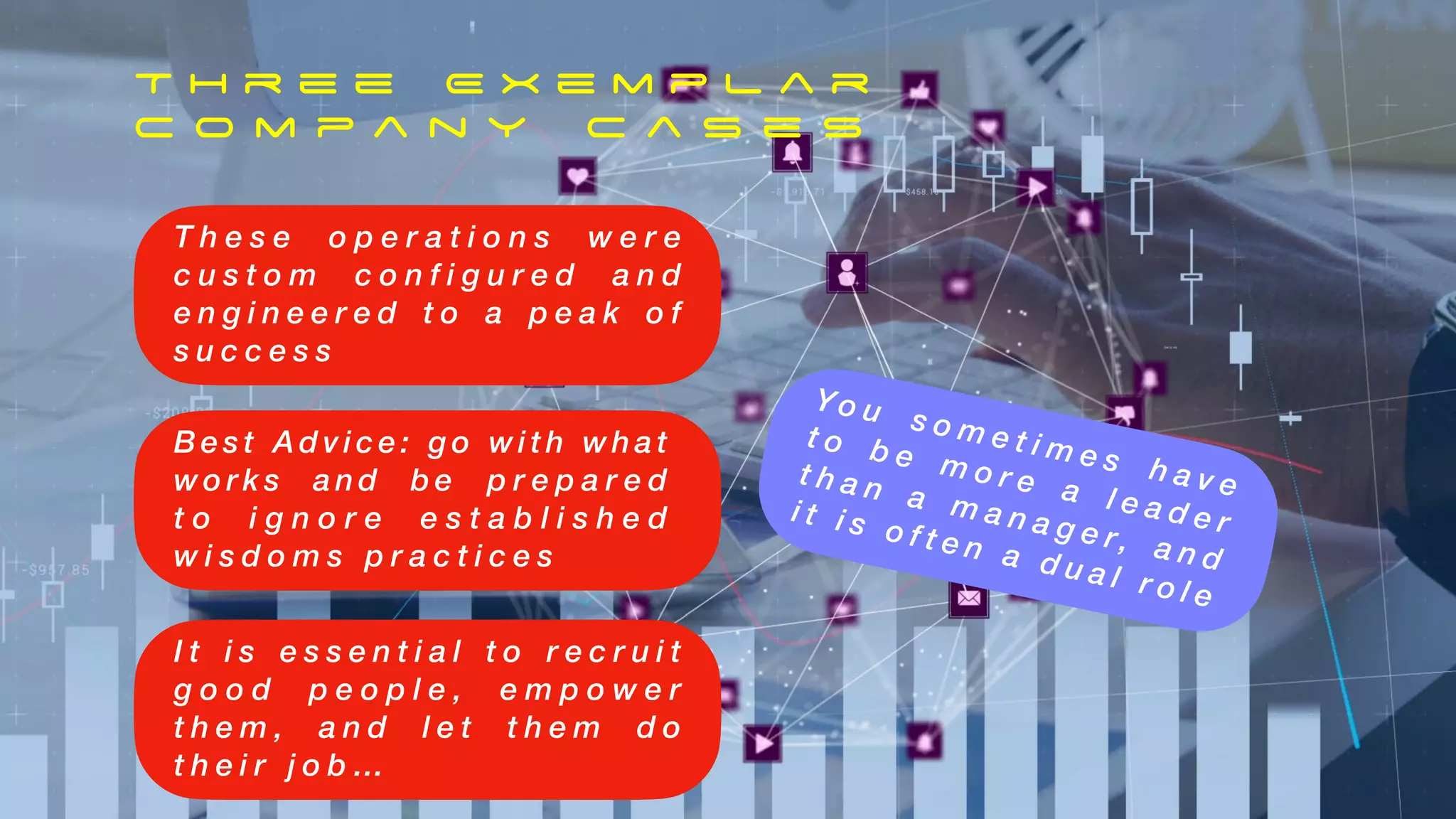 T h r e e E x e m p l a r
C o m p a n y c a s e s
T h e s e o p e r a t i o n s w e r e
c u s t o m c o n f i g u r e d a n d
e n g i n e e r e d t o a p e a k o f
s u c c e s s
B e s t A d v i c e : g o w i t h w h a t
w o r k s a n d b e p r e p a r e d
t o i g n o r e e s t a b l i s h e d
w i s d o m s p r a c t i c e s
I t i s e s s e n t i a l t o r e c r u i t
g o o d p e o p l e , e m p o w e r
t h e m , a n d l e t t h e m d o
t h e i r j o b …
Yo u s o m e t i m e s h a v e
t o b e m o r e a l e a d e r
t h a n a m a n a g e r, a n d
i t i s o f t e n a d u a l r o l e
 