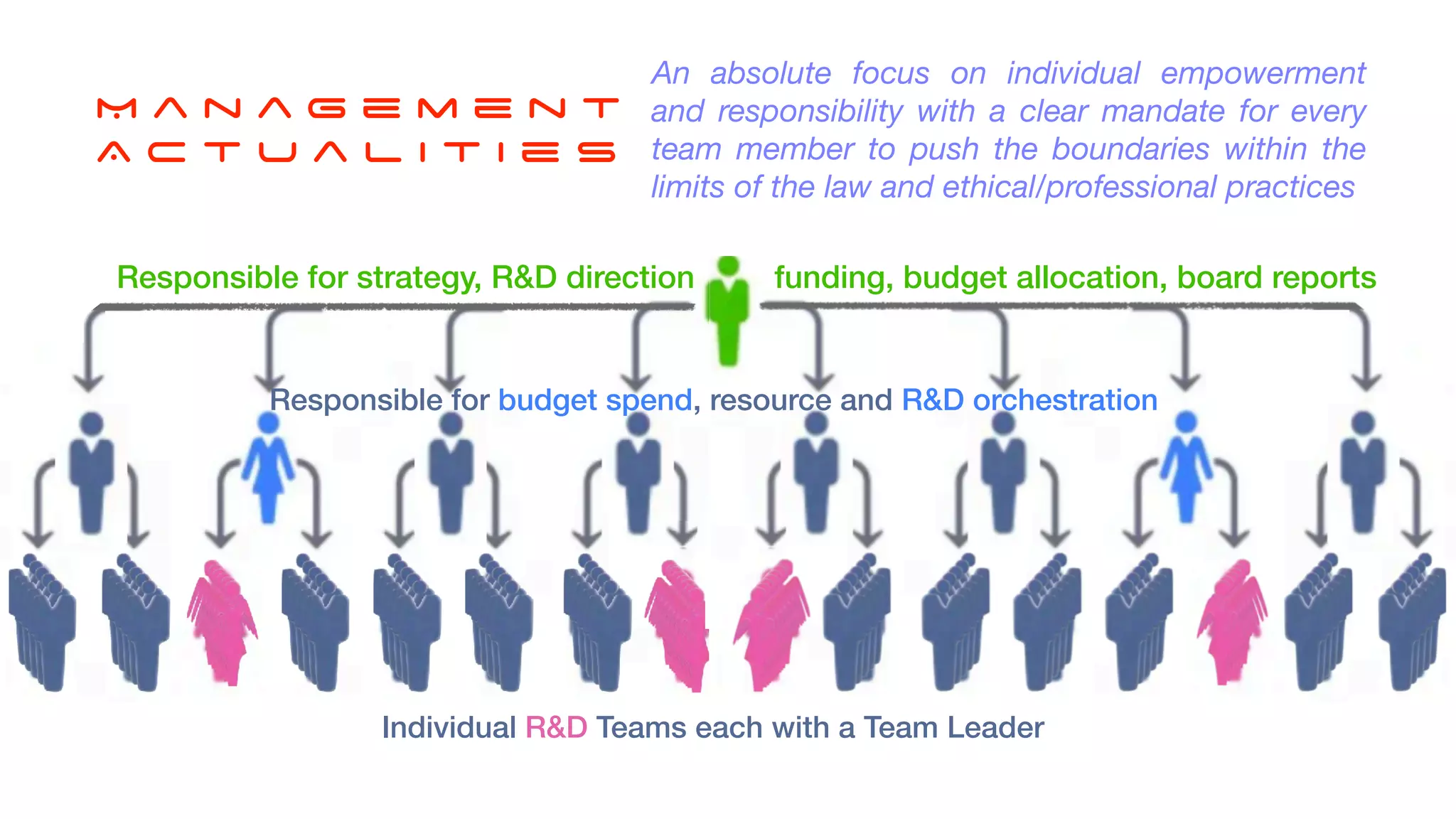 Responsible for strategy, R&D direction funding, budget allocation, board reports
Responsible for budget spend, resource and R&D orchestration
Individual R&D Teams each with a Team Leader
M a n a g e m e n t
A c t u a l i t i e s
An absolute focus on individual empowerment
and responsibility with a clear mandate for every
team member to push the boundaries within the
limits of the law and ethical/professional practices
 