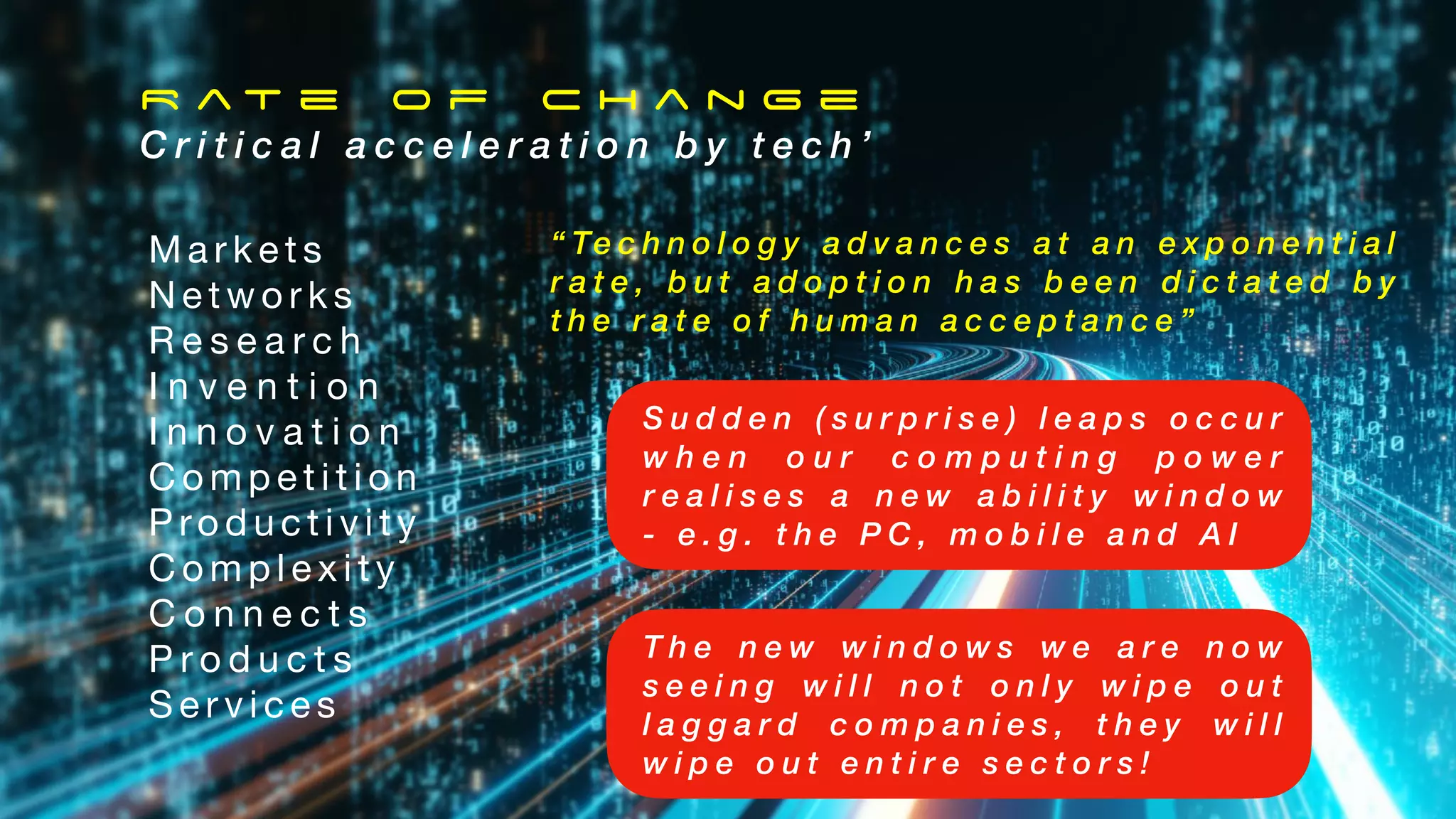 R a t e o f C h a n g e
C r i t i c a l a c c e l e r a t i o n b y t e c h ’
M a r k e t s
N e t w o r k s
R e s e a r c h
I n v e n t i o n
I n n o v a t i o n
C o m p e t i t i o n
P ro d u c t i v i t y
C o m p l e x i t y
C o n n e c t s
P r o d u c t s
S e r v i c e s
“ Te c h n o l o g y a d v a n c e s a t a n e x p o n e n t i a l
r a t e , b u t a d o p t i o n h a s b e e n d i c t a t e d b y
t h e r a t e o f h u m a n a c c e p t a n c e ”
T h e n e w w i n d o w s w e a r e n o w
s e e i n g w i l l n o t o n l y w i p e o u t
l a g g a r d c o m p a n i e s , t h e y w i l l
w i p e o u t e n t i r e s e c t o r s !
S u d d e n ( s u r p r i s e ) l e a p s o c c u r
w h e n o u r c o m p u t i n g p o w e r
r e a l i s e s a n e w a b i l i t y w i n d o w
- e . g . t h e P C , m o b i l e a n d A I
 