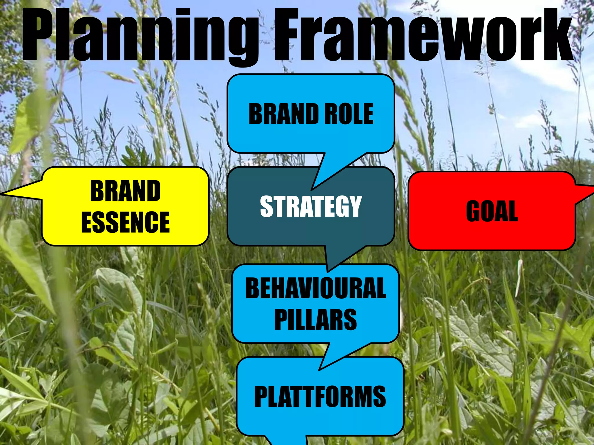 Planning FrameworkBRAND ROLEBRAND ESSENCESTRATEGYGOALBEHAVIOURAL PILLARSPLATTFORMS