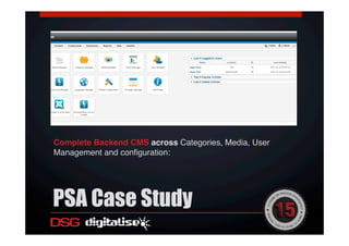 Complete Backend CMS across Categories, Media, User
Management and conﬁguration:!
PSA Case Study
 