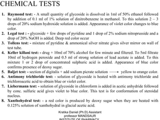 CHEMICAL TESTS
1. Raymond test: - A small quantity of glycoside is dissolved in 1ml of 50% ethanol followed
   by addition of 0.1 ml of 1% solution of dinitrobenzene in methanol. To this solution 2 – 3
   drops of 20% sodium hydroxide solution is added. Appearance of violet color changes to blue
   color.
2. Legal test : - glycoside + few drops of pyridine and 1 drop of 2% sodium nitroprusside and a
   drop of 20% NaOH is added. Deep red color occur
3. Tollens test: - mixture of pyridine & ammonical silver nitrate gives silver mirror on wall of
   test tube.
4. Keller killani test: - drug + 10ml of 70% alcohol for few minute and filtered. To 5ml filtrate
   10ml of hydrogen peroxide and 0.5 ml of strong solution of lead acetate is added. To this
   mixture 1 or 2 drop of concentrated sulphuric acid is added. Appearance of blue color
   confirms presence of deoxy sugar.
5. Baljet test: - section of digitalis + add sodium picrate solution     yellow to orange color.
6. Antimony trichloride test: - solution of glycoside is heated with antimony trichloride and
   trichloroacetic acid to obtain blue or violet color.
7. Liebermann test: - solution of glycoside in chloroform is added in acetic anhydride followed
   by conc. sulfuric acid gives violet to blue color. This test is for conformation of steroidal
   nucleus.
8. Xanthohydral test: - a red color is produced by deoxy sugar when they are heated with
   0.125% solution of xanthohydral in glacial acetic acid.
                                   Kratika Daniel (Ph.D) Assistant
                                       professor MANDSAUR
 