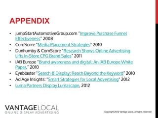 APPENDIX
•   JumpStartAutomotiveGroup.com “Improve Purchase Funnel
    Effectiveness” 2008
•   ComScore “Media Placement Strategies” 2010
•   Dunhumby & ComScore “Research Shows Online Advertising
    Lifts In-Store CPG Brand Sales” 2011
•   IAB Europe “Brand awareness and digital: An IAB Europe White
    Paper,” 2010
•   Eyeblaster “Search & Display: Reach Beyond the Keyword” 2010
•   Ad Age Insights: "Smart Strategies for Local Advertising" 2012
•   Luma Partners Display Lumascape, 2012




                                                  Copyright 2012 Vantage Local, all rights reserved
 