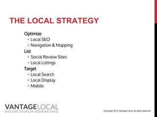 THE LOCAL STRATEGY
  Optimize
    • Local SEO
    • Navigation & Mapping
  List
    • Social Review Sites
    • Local Listings
  Target
    • Local Search
    • Local Display
    • Mobile




                             Copyright 2012 Vantage Local, all rights reserved
 