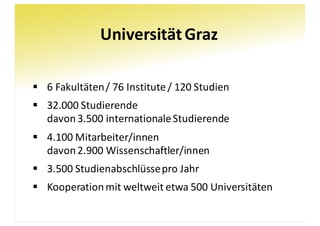Universität	Graz
§ 6	Fakultäten	/	76	Institute	/	120	Studien
§ 32.000	Studierende
davon	3.500	internationale	Studierende
§ 4.100	Mitarbeiter/innen
davon	2.900	Wissenschaftler/innen
§ 3.500	Studienabschlüsse	pro	Jahr
§ Kooperation	mit	weltweit	etwa	500	Universitäten
 