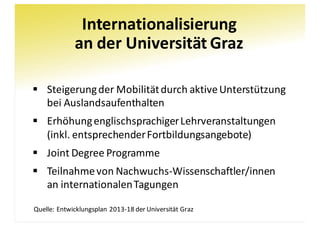 Internationalisierung
an	der	Universität	Graz
§ Steigerung	der	Mobilität	durch	aktive	Unterstützung	
bei	Auslandsaufenthalten
§ Erhöhung	englischsprachiger	Lehrveranstaltungen	
(inkl.	entsprechender	Fortbildungsangebote)
§ Joint	Degree Programme
§ Teilnahme	von	Nachwuchs-Wissenschaftler/innen	
an	internationalen	Tagungen
Quelle:	Entwicklungsplan	2013-18	der	Universität	Graz
 