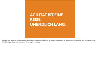 AGILITÄT IST EINE
REISE.
UNENDLICH LANG.
Agilität ist eine Reise. Sie wird dein ganzes Leben dauern. Als Mensch, als Einheit, als Gesamt-Organisation. Wir werden nicht immer perfekt sein. Wir machen Fehler.
Auch Führungskräfte sind nur Menschen. Wir bewegen uns ständig.
 