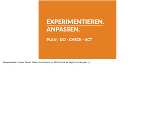 EXPERIMENTIEREN.
ANPASSEN.
PLAN - DO - CHECK - ACT
Experimentiere in deiner Einheit. Passe dich und euch an. PDCA-Cycle als Begriﬀ zum Googlen. ;-)
 