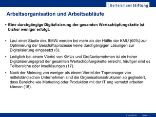 Seite 111. Juni 2015
Arbeitsorganisation und Arbeitsabläufe
 Eine durchgängige Digitalisierung der gesamten Wertschöpfungskette ist
bisher weniger erfolgt.
• Laut einer Studie des BMWi werden bei mehr als der Hälfte der KMU (60%) zur
Optimierung der Geschäftsprozesse keine durchgängigen Lösungen zur
Digitalisierung eingesetzt (6).
• Lediglich bei einem Viertel von KMUs und Großunternehmen ist ein hoher
Digitalisierungsgrad der gesamten Wertschöpfungskette erreicht, häufiger sind es
Teilbereiche oder Insellösungen (17).
• Nach der Meinung von weniger als einem Viertel der Topmanager von
mittelständischen Unternehmen sind die Organisationsstrukturen so gegliedert,
dass Bereiche wie Marketing oder Produktion mit der IT eng vernetzt arbeiten
können (15).
 