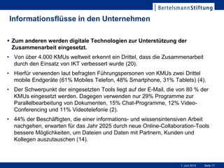 Seite 171. Juni 2015
Informationsflüsse in den Unternehmen
 Zum anderen werden digitale Technologien zur Unterstützung der
Zusammenarbeit eingesetzt.
• Von über 4.000 KMUs weltweit erkennt ein Drittel, dass die Zusammenarbeit
durch den Einsatz von IKT verbessert wurde (20).
• Hierfür verwenden laut befragten Führungspersonen von KMUs zwei Drittel
mobile Endgeräte (61% Mobiles Telefon, 48% Smartphone, 31% Tablets) (4).
• Der Schwerpunkt der eingesetzten Tools liegt auf der E-Mail, die von 80 % der
KMUs eingesetzt werden. Dagegen verwenden nur 29% Programme zur
Parallelbearbeitung von Dokumenten, 15% Chat-Programme, 12% Video-
Conferencing und 11% Videotelefonie (2).
• 44% der Beschäftigten, die einer informations- und wissensintensiven Arbeit
nachgehen, erwarten für das Jahr 2025 durch neue Online-Collaboration-Tools
bessere Möglichkeiten, um Dateien und Daten mit Partnern, Kunden und
Kollegen auszutauschen (14).
 