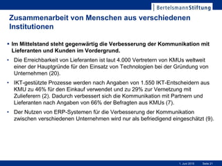 Seite 211. Juni 2015
Zusammenarbeit von Menschen aus verschiedenen
Institutionen
 Im Mittelstand steht gegenwärtig die Verbesserung der Kommunikation mit
Lieferanten und Kunden im Vordergrund.
• Die Erreichbarkeit von Lieferanten ist laut 4.000 Vertretern von KMUs weltweit
einer der Hauptgründe für den Einsatz von Technologien bei der Gründung von
Unternehmen (20).
• IKT-gestützte Prozesse werden nach Angaben von 1.550 IKT-Entscheidern aus
KMU zu 46% für den Einkauf verwendet und zu 29% zur Vernetzung mit
Zulieferern (2). Dadurch verbessert sich die Kommunikation mit Partnern und
Lieferanten nach Angaben von 66% der Befragten aus KMUs (7).
• Der Nutzen von ERP-Systemen für die Verbesserung der Kommunikation
zwischen verschiedenen Unternehmen wird nur als befriedigend eingeschätzt (9).
 