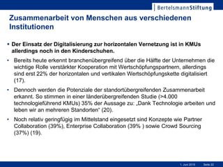 Seite 221. Juni 2015
Zusammenarbeit von Menschen aus verschiedenen
Institutionen
 Der Einsatz der Digitalisierung zur horizontalen Vernetzung ist in KMUs
allerdings noch in den Kinderschuhen.
• Bereits heute erkennt branchenübergreifend über die Hälfte der Unternehmen die
wichtige Rolle verstärkter Kooperation mit Wertschöpfungspartnern, allerdings
sind erst 22% der horizontalen und vertikalen Wertschöpfungskette digitalisiert
(17).
• Dennoch werden die Potenziale der standortübergreifenden Zusammenarbeit
erkannt. So stimmen in einer länderübergreifenden Studie (>4.000
technologieführend KMUs) 35% der Aussage zu: „Dank Technologie arbeiten und
leben wir an mehreren Standorten“ (20).
• Noch relativ geringfügig im Mittelstand eingesetzt sind Konzepte wie Partner
Collaboration (39%), Enterprise Collaboration (39% ) sowie Crowd Sourcing
(37%) (19).
 