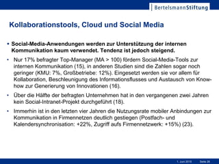 Seite 261. Juni 2015
Kollaborationstools, Cloud und Social Media
 Social-Media-Anwendungen werden zur Unterstützung der internen
Kommunikation kaum verwendet. Tendenz ist jedoch steigend.
• Nur 17% befragter Top-Manager (MA > 100) fördern Social-Media-Tools zur
internen Kommunikation (15), in anderen Studien sind die Zahlen sogar noch
geringer (KMU: 7%, Großbetriebe: 12%). Eingesetzt werden sie vor allem für
Kollaboration, Beschleunigung des Informationsflusses und Austausch von Know-
how zur Generierung von Innovationen (16).
• Über die Hälfte der befragten Unternehmen hat in den vergangenen zwei Jahren
kein Social-Intranet-Projekt durchgeführt (18).
• Immerhin ist in den letzten vier Jahren die Nutzungsrate mobiler Anbindungen zur
Kommunikation in Firmennetzen deutlich gestiegen (Postfach- und
Kalendersynchronisation: +22%, Zugriff aufs Firmennetzwerk: +15%) (23).
 