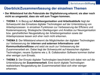 Seite 51. Juni 2015
Überblick/Zusammenfassung der einzelnen Themen
• THEMA 1: In Bezug auf Arbeitsorganisation und Arbeitsabläufe liegt der
Schwerpunkt des Einsatzes digitaler Technologien auf der Unterstützung von
Arbeitsprozessen in einzelnen Funktionen zur Verbesserung der Effizienz und
Kosteneinsparung. Strategische Überlegungen und Ansätze zur Neuorganisation
bzw. ganzheitlichen Neugestaltung der Arbeitsorganisation sowie der
Arbeitsprozesse lassen sich eher noch nicht erkennen.
• THEMA 2: Der Mittelstand erkennt die Möglichkeiten der digitalen Technologien
zur Verbesserung der internen und externen Informations- und
Kommunikationsflüsse und setzt sie auch zur Verbesserung der
Zusammenarbeit ein. Dabei liegt der Schwerpunkt auf klassischen digitalen
Technologien; neuere Systeme wie z. B. Collaboration Software kommen bisher
eher weniger zum Einsatz.
• THEMA 3: Der Einsatz digitaler Technologien beschränkt sich dabei rein auf die
Unterstützung der Zusammenarbeit. Eine durch digitale Technologien
realisierbare Neugestaltung der Zusammenarbeit lässt sich eher weniger
erkennen.
 Der Mittelstand hat die Potenziale der Digitalisierung erkannt; sie aber noch
nicht so umgesetzt, dass sie voll zum Tragen kommen.
 