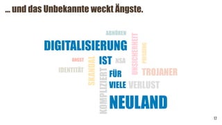 … und das Unbekannte weckt Ängste.
17
NEULAND
ANGST
IST
DIGITALISIERUNG
FÜR
VIELE
 