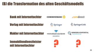 46
(B) die Transformation des alten Geschäftsmodells
Makler mit Internettochter
Immobiliendienstleister
mit Internettochter ? ?
Bank mit Internettochter
Verlag mit Internettochter
 