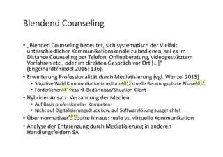 Blendend Counseling
• „Blended Counseling bedeutet, sich systematisch der Vielfalt 
unterschiedlicher Kommunikationskanäle zu bedienen, sei es im 
Distance Counseling per Telefon, Onlineberatung, videogestütztem 
Verfahren etc., oder im direkten Gespräch vor Ort […]“ 
(Engelhardt/Riedel 2016: 136).
• Erweiterung Professionalität durch Mediatisierung (vgl. Wenzel 2015) 
• Situative Wahl Kommunikationsmedium für aktuelle Beratungsphase Phase
• Förderlichen Prozess  Bedürfnisse/Situation Klient
• Hybrider Ansatz: Verzahnung der Medien
• Auf Basis professioneller Kompetenz
• Nicht auf Digitalisierungsdruck bzw. auf Softwarelösung ausgerichtet
• Über normativer Debatte hinaus: reale vs. virtuelle Kommunikation
• Analyse der Entgrenzung durch Mediatisierung in anderen 
Handlungsfeldern SA
AB12
AB13
AB14
AB15
 