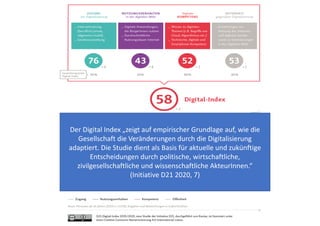 Der Digital Index „zeigt auf empirischer Grundlage auf, wie die 
Gesellschaft die Veränderungen durch die Digitalisierung 
adaptiert. Die Studie dient als Basis für aktuelle und zukünftige 
Entscheidungen durch politische, wirtschaftliche, 
zivilgesellschaftliche und wissenschaftliche AkteurInnen.“ 
(Initiative D21 2020, 7) 
 