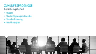 ZUKUNFTSPROGNOSE
Forschungsbedarf
 Wissen
 Wertschöpfungsnetzwerke
 Standardisierung
 Nachhaltigkeit
 