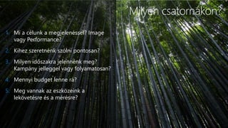 4
Milyen csatornákon?
1. Mi a célunk a megjelenéssel? Image
vagy Performance?
2. Kihez szeretnénk szólni pontosan?
3. Milyen időszakra jelennénk meg?
Kampány jelleggel vagy folyamatosan?
4. Mennyi budget lenne rá?
5. Meg vannak az eszközeink a
lekövetésre és a mérésre?
 