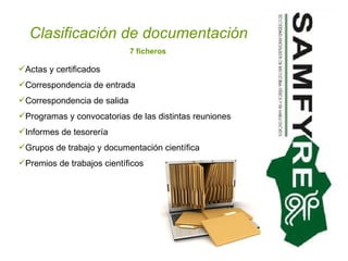 Clasificación de documentación   7 ficheros Actas y certificados Correspondencia de entrada Correspondencia de salida Programas y convocatorias de las distintas reuniones Informes de tesorería Grupos de trabajo y documentación científica Premios de trabajos científicos 
