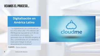 Cecilia Carrillo Palomino
Veamos el proceso…
Digitalización en
América Latina
“ La digitalización ha contribuido en
los cinco años USD 195 millones del
PBI Regional equivalente al 4.3% del
crecimiento acumulado y ha
generado más de 900,000 empleos al
año, convirtiéndolo en un elemento
clave para mitigar la actual
desaceleración económica”
FUENTE: Diario Gestión
5
 