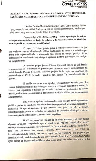 Veto da Lei antinepotismo em Campos Belos (GO)
