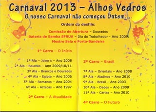 • ••-
                                                                                                    ••




                                       Ordem d desfile:
 ,                            Comissão de Ab rtura - Dourados
     ..            Bateria de Samba SFRUA - Dia do Trabalhador - Ano 200
                                Mestre Sala e IPorta-Bandeira


•.                      1 ° Carro - O Início
                                                                                         •
                  1a Ala - Joker's - Ano 200a    3° Carro - Brasil          •    •
           •
           2a Ala - Baianas - Ano 2009/10/11                                         I

                  3a Ala - Brancos e Dourados    7a Ala - Orientais - Ano 200a               •
                   4a Ala - Egipto - Ano 2006    aa Ala - Aladinos - Ano 2010
                                                                            •
                sa Ala - Romanos - Ano 2004      9a Ala - Brasil - Ano 2003
                 6a Ala - Aztecas - Ano 1997     10a Ala - Dados - Ano 200a '
     - -   ,
                   2° Carro - A Atualidade
                                                 lla Ala - Cartas - Ano 2010

                                                 4° Carro - O Futuro
 