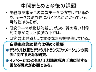 中間まとめと今後の課題
• 実務家記事からの二次データに依存しているの
で、データの妥当性にバイアスがかかっている
可能性はあるが、
• 研究テーマが比較的新しいため、質の高い科学
的文献が乏しい状況の中では、
• 研究の出発点として重要な洞察を提供している。
自動車産業の動向は極めて重要
デジタル技術とデジタルトランスフォメーションの関
係に関する更なる研究、
イノベーションの担い手と問題解決手法に関する
更なる研究が必要である。
13
 