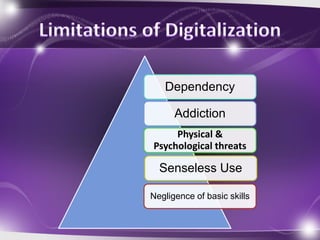Addiction
Dependency
Physical &
Psychological threats
Senseless Use
Negligence of basic skills
 