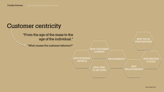 Frankly Partners new demand patterns will emerge
Customer centricity
“What causes the customer behavior?”
“From the age of the mass to the
age of the individual.”
Source: Helge Tenno
NEW VALUE
PROPOSITIONS
NEW BUSINESS
MODELS
NEW JOBS-
TO-BE-DONE
NEW CUSTOMER
JOURNEY
NEW MARKETS
NEW
RELATIONSHIPS
NEW MEETING
PLACES
 