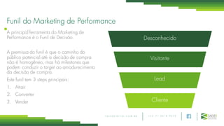 + 5 5 7 1 3 0 1 8 9 0 7 5S A L V E D I G I T A L . C O M . B R
Funil do Marketing de Performance
A principal ferramenta do Marketing de
Performance é o Funil de Decisão.
A premissa do funil é que o caminho do
público potencial até a decisão de compra
não é homogêneo, mas há milestones que
podem conduzir o target ao amadurecimento
da decisão de compra.
Este funil tem 3 steps principais:
1. Atrair
2. Converter
3. Vender
Desconhecido
Visitante
Lead
Cliente
 