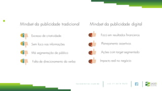 + 5 5 7 1 3 0 1 8 9 0 7 5S A L V E D I G I T A L . C O M . B R
Mindset da publicidade tradicional
Excesso de criatividade
Sem foco nas informações
Má segmentação de público
Falta de direcionamento da verba
Foco em resultados financeiros
Planejamento assertivos
Ações com target segmentado
Impacto real no negócio
Mindset da publicidade digital
 