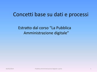 Concetti base su dati e processi 
Estratto dal corso “La Pubblica 
Amministrazione digitale” 
26/02/2014 Pubblica Amministrazione Digitale I parte 1 
 